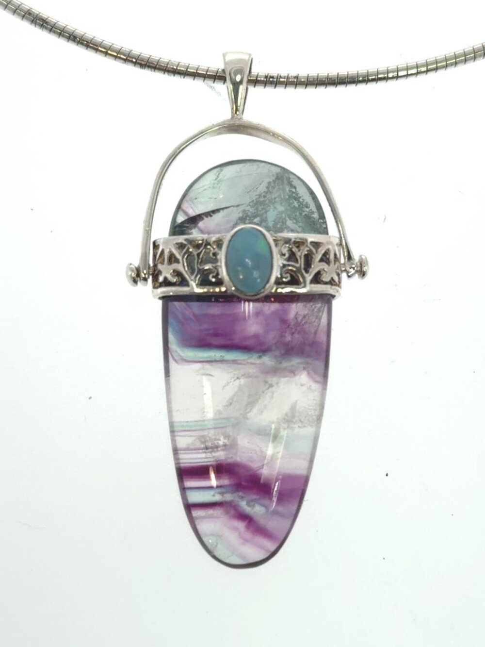 Sterling silver amythest cabochon and opal pendant